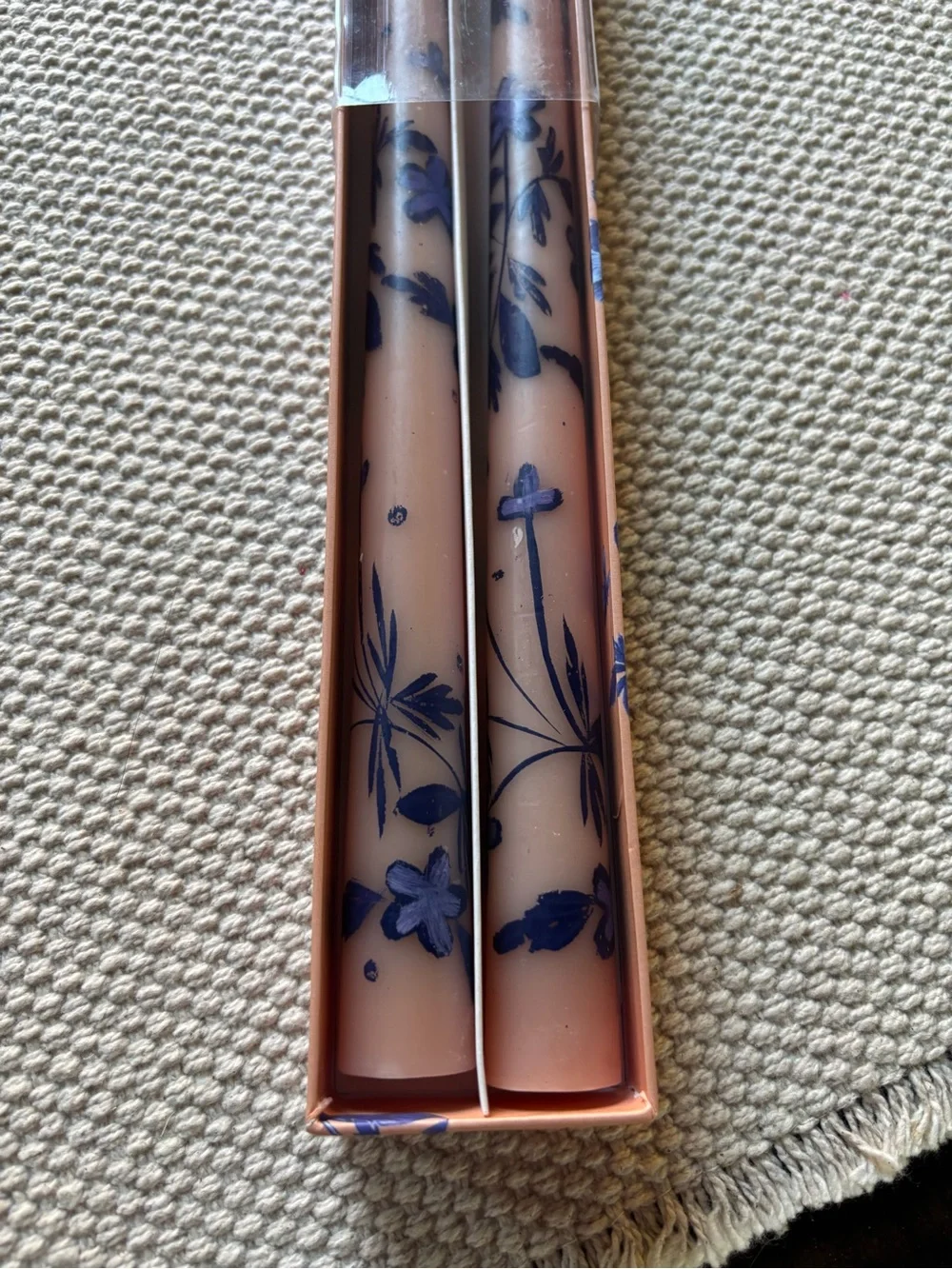 Anthropologie Pink Taper Candles with Blue Floral Motif - Set of 2 - 12”